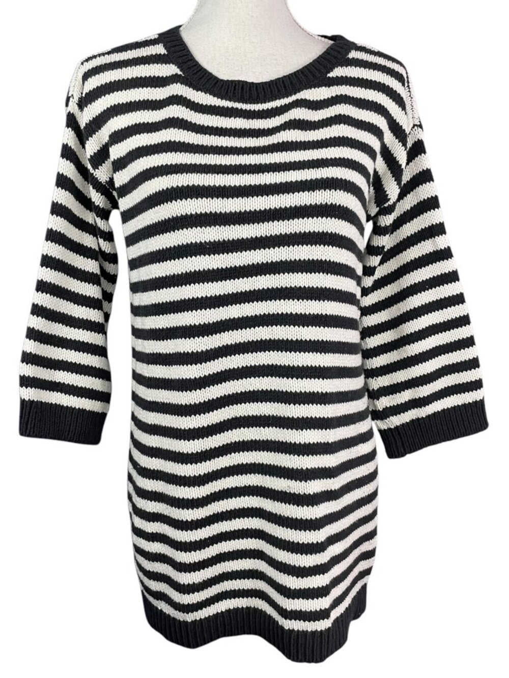 Lands End Striped Tunic Sweater S Black White Oversized Chunky Knit 3/4 Sleeve